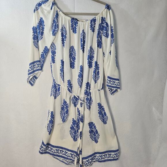ZANZEA Women Romper Sz Large Off Shoulder Blue & White Shorts - Picture 1 of 8